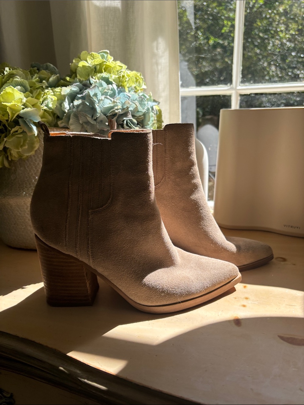 Women's Taupe Suede Ankle Boots - Classic Block Heel